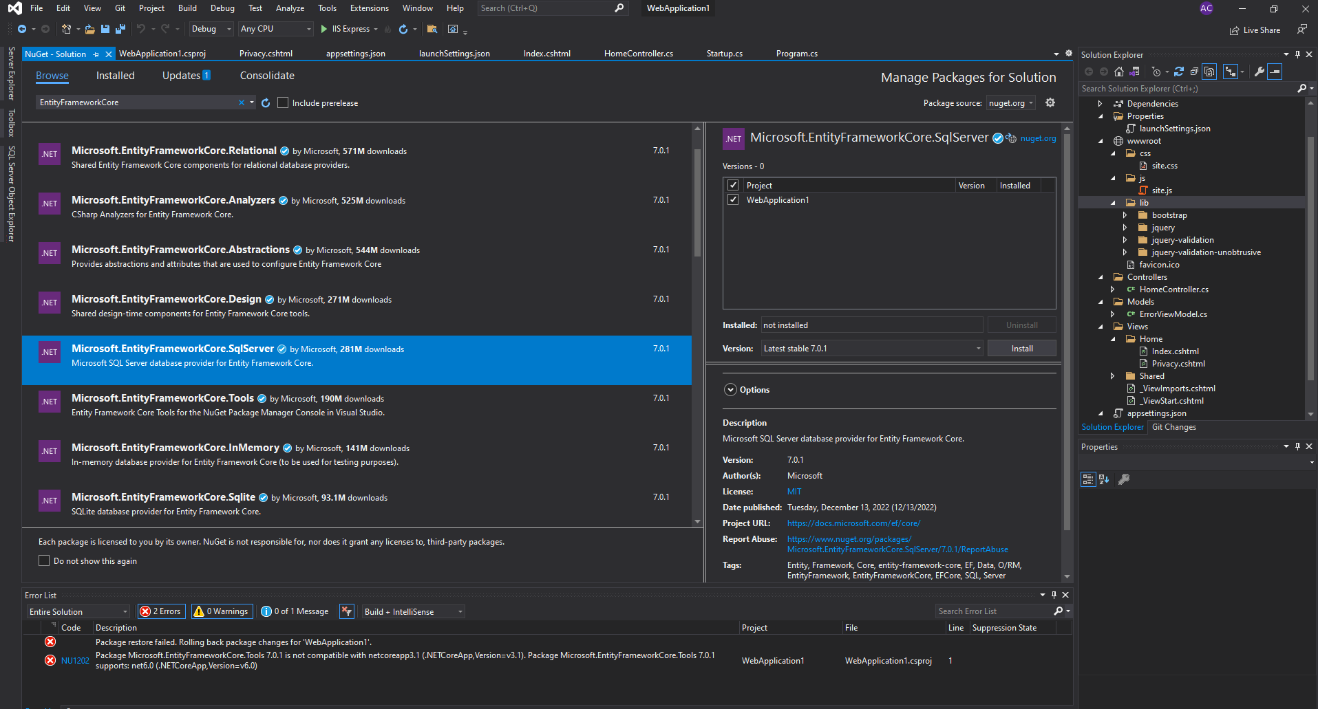 Installing Entity Frameworks